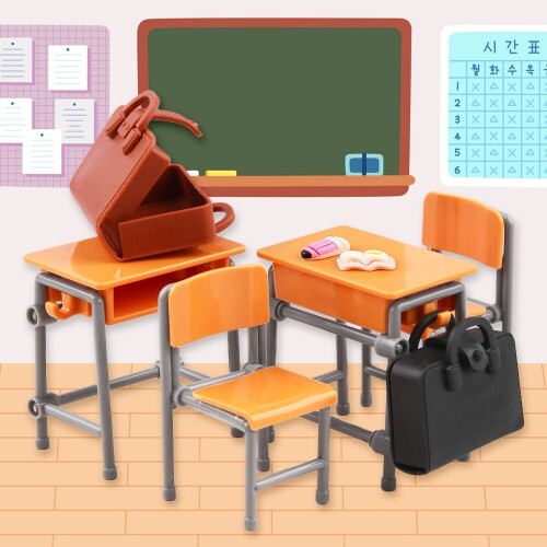 미니어처 우드 철제 교실 책상 의자 2세트