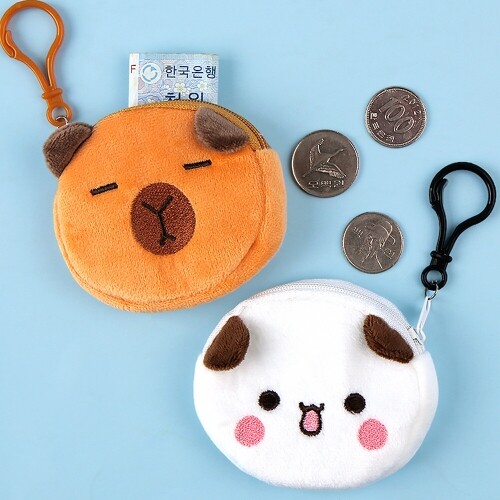 원형 카피바라 곰돌이 얼굴 인형 동전 지갑 키링 열쇠 고리 약 8.5cm 1개입