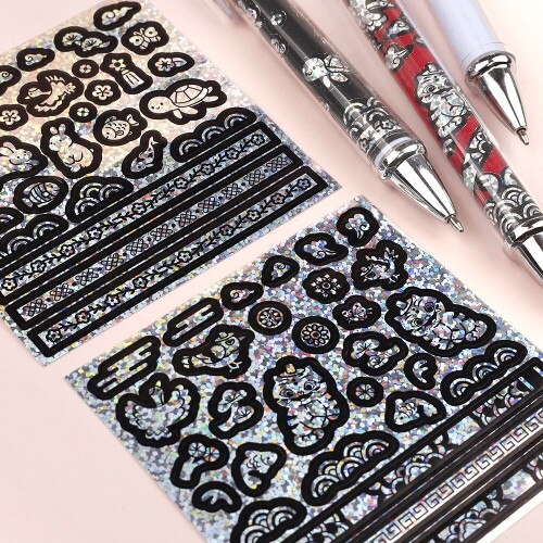 4개입 전통 민화 동물 띠지 자개 미니 스티커