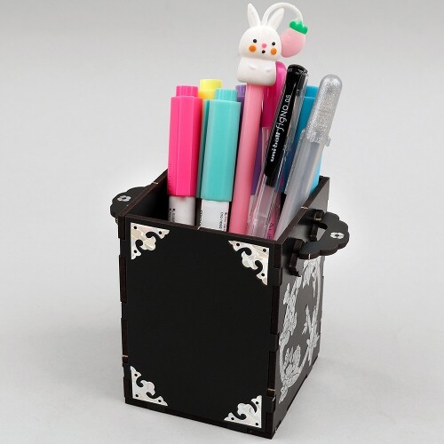 인쇄 우드 DIY 미니어처 검정 무지 꽃 손잡이 연필 꽂이