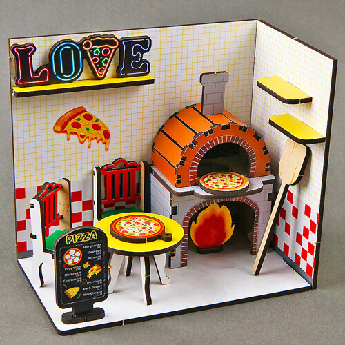 인쇄 우드 DIY 미니어처 러브 화덕 피자 가게 만들기
